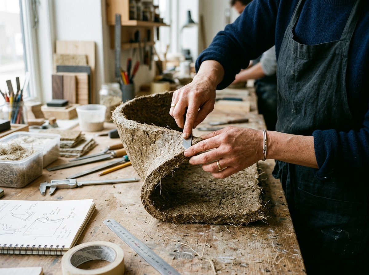 Artisan hands shaping natural materials and bio-composite forms in the workshop.