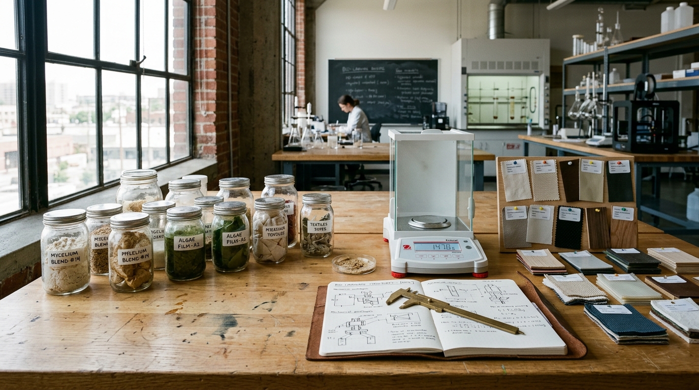 KĀRVA Material Fabrication Lab: wood samples, slate prototypes, and measuring tools.